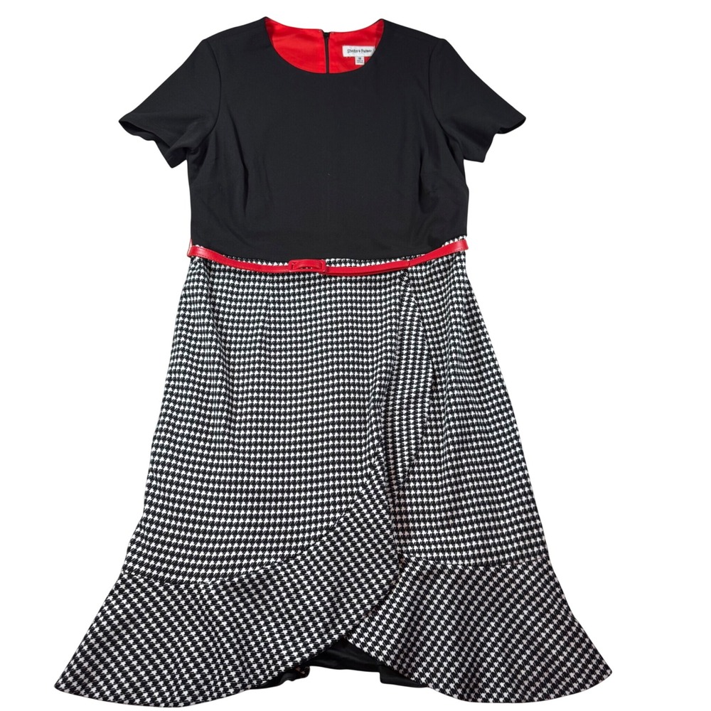 Shelby & Palmer Womens 16 Black Houndstooth Ruffle Hem Belted Fit Flare Dress